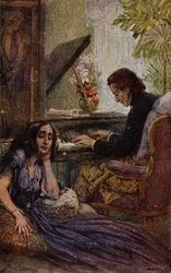 Postkort, der viser George Sand (1804-76), som lytter til Frédéric Chopin (1810-1849), der spiller klaver, 1917